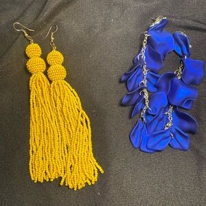 Elegant Yellow Beaded and Blue Petal Earrings